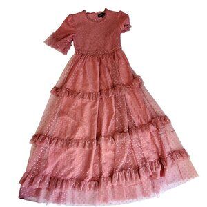 Deauville Pink Polka Dot Tiered Maxi Dress With Ruffle Sleeves  Smocked Bodice S